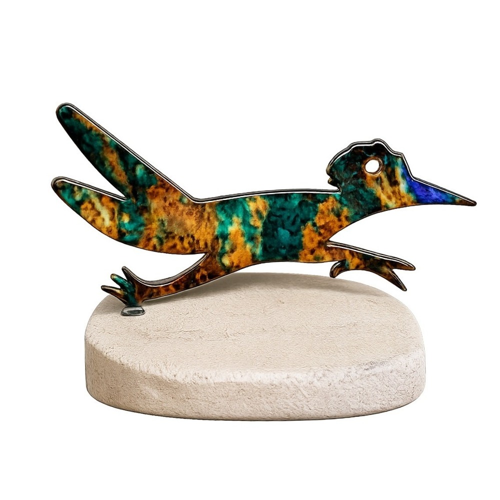 Southwest Enamel‎ Roadrunner Metal Sculpture Sandstone Base Desert Bird Art